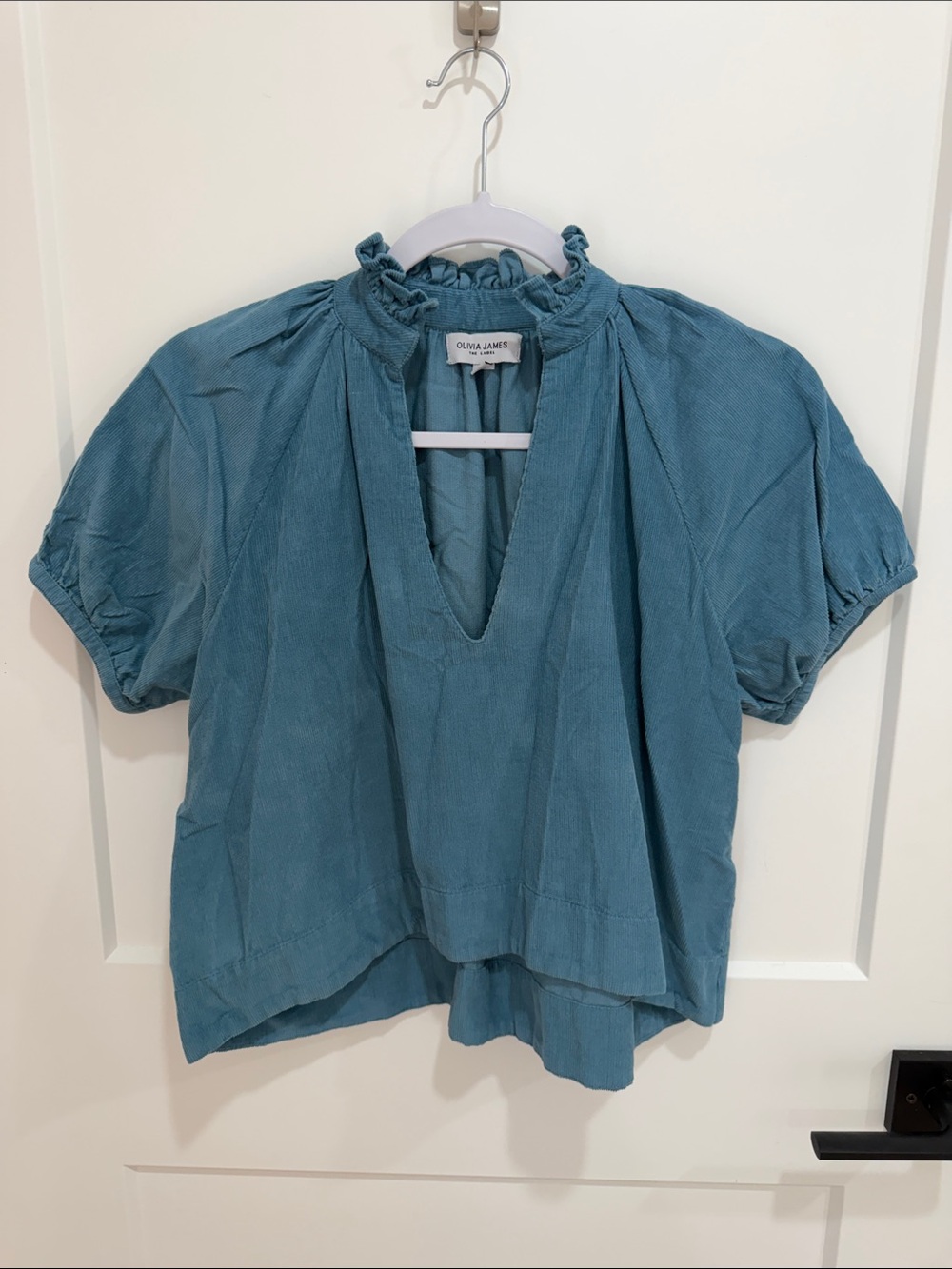 Teal Ruffled Neck Short-Sleeve Top